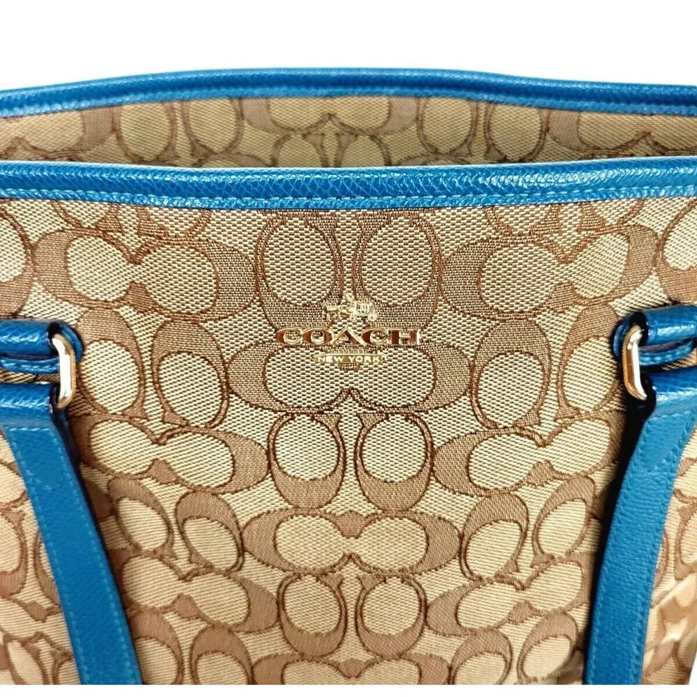 Coach Khaki Canvas Blue Leather Monogram Signature Tote Shoulder Bag Purse